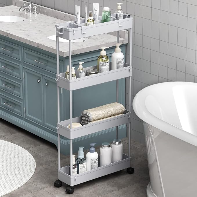 Slim Storage Cart 4 Tier,Bathroom Organizer Rolling Utility,Mobile Shelving Unit Slide Out for Office, Kitchen, Laundry Room & Narrow Places,Gray