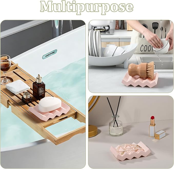 Bar Soap Holder Diatomite Soap Dish Sponge Caddy, Pink | Self Draining, Fast Drying, Soap Saver, for Shower, Bathroom, Kitchen Sink