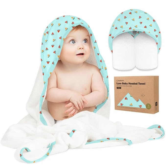 KeaBabies Hooded Baby Towel for Newborn, Baby Bath Towels(Melon Beat,35x35) | Viscose Derived from Bamboo, Large Baby Towels with Hood, Boys, Girls, Toddler, Soft Absorbent Baby Bath Essentials