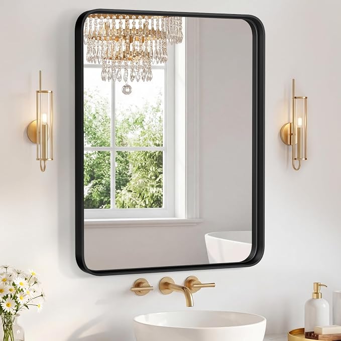 Sweetcrispy Bathroom Mirror 36x28 Inch, Vanity Mirror for Wall | Metal Framed Rounded Rectangle, Over Sink, Farmhouse, Restroom, Anti-Rust, Horizontal or Vertical Hanging, Black