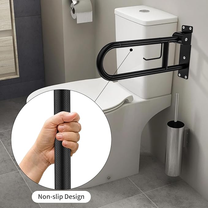 Toilet Grab Bar 24 Inch, YuanDe Flip Up Grab Bar with Paper Holder | Matte Black Anti-Slip Safety Bars for Toilet, Stainless Steel Knurled Toilet Handles for Seniors Disabled Elderly Pregnant