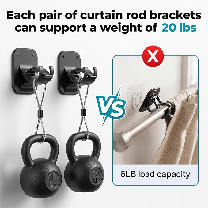 No Drill Curtain Rod Brackets-20LB, 4 Pack Self Adhesive Curtain Rod Holder | Peel and Stick Wall Hooks, Renter Friendly Upgrades for Apartment, Kitchen, Bathroom, Dorm, and RV, Housewarming Gifts