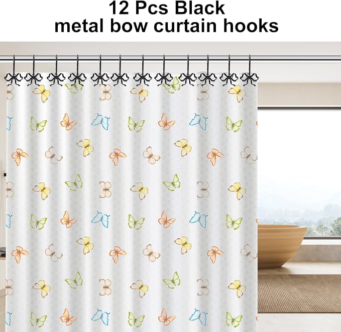 Bow Shower Curtain Hooks, 12-Pack Black Metal Decorative Bow Knot Rings | Rust-resistant metal rings with black bow knot accents add decorative charm to bathrooms, guest baths