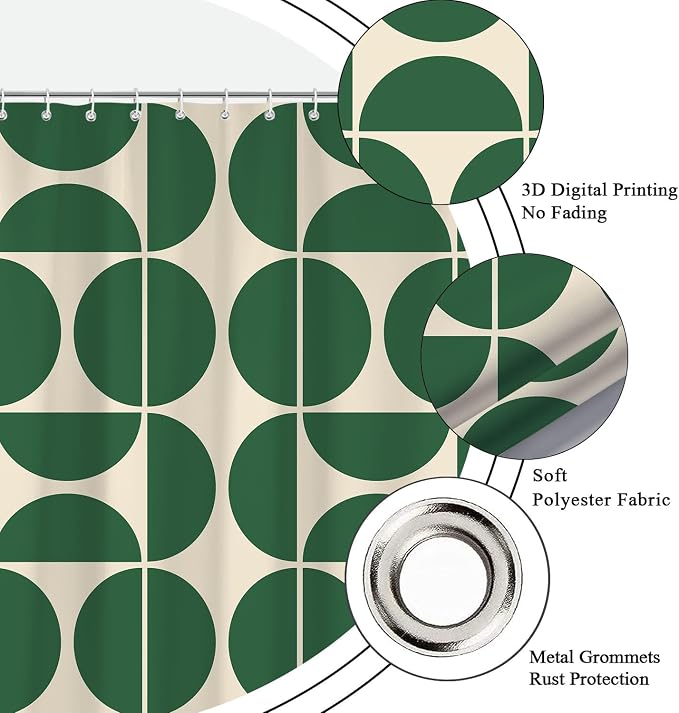 Green Mid Century Modern Shower Curtain, Boho Abstract Geometric Retro Art Bath Curtains for Bathroom, Colorful Unique Pattern Waterproof Polyester Fabric Bathroom Set 12 Hooks 72X78IN