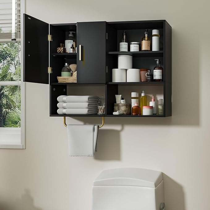 Bathroom Wall Cabinet Wood Large Wall Mounted Medicine Cabinet with 2 Doors and 4 Open Shelves Over Toilet Storage Cabinet Organizer with Towel Bar, Black