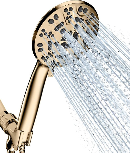 Cobbe 8-Setting Handheld Shower Head, Water-Saving Design, Gold | Trickle Pause Mode, 5ft Stainless Steel Hose, Brass Swivel Bracket, Tool-Free Installation