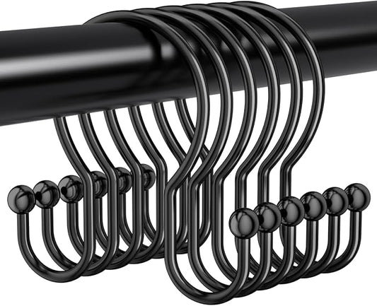 OEH Shower Curtain Hooks, 12 Pcs Minimalist Shower Curtain Rings, Metal Shower Curtain Hangers, Double Hook Black Shower Curtain Hooks Rust Proof, Glide Smoothly Shower Hooks for Shower Curtain, Black