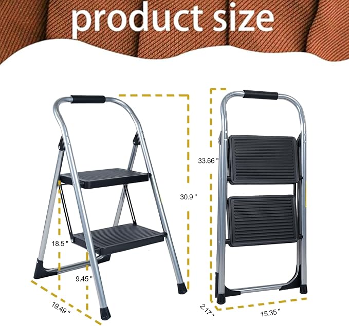 Step Stool for Adults,2 Step Ladder Folding 330lbs Anti Slip Step Stool,Foldable Ergonomic 2 Steel Stool with Wide Pedal for Home, Kitchen, Office (Sliver)