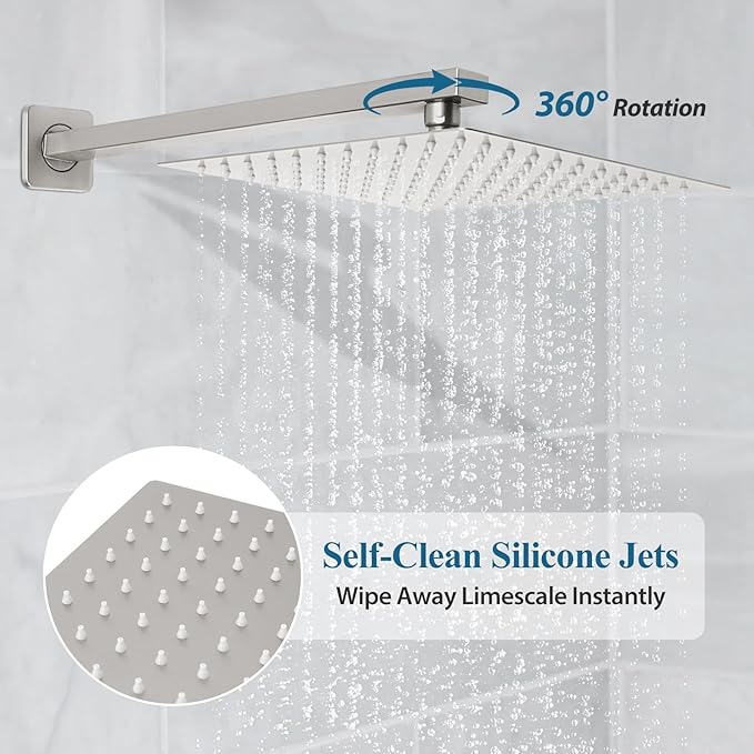 Brushed Nickel Square Rainfall Shower Head Set with Handheld & Faucet, 12" | Wall Mounted Bathroom Shower Faucet, 12 Inch Square Head, With Shower Valve, Rustproof Brushed Nickel, High Pressure Raindrop