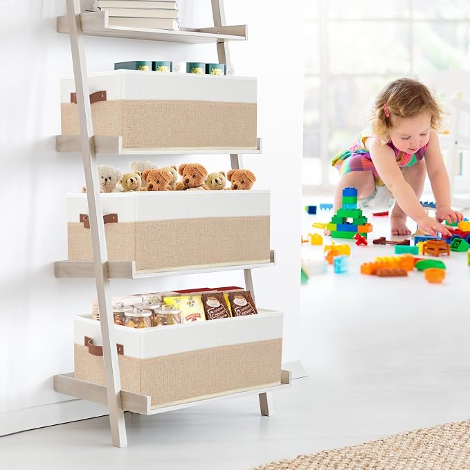 Closet Organizer Bins 3 Pack, Large Storage Bins for Shelves | Foldable Closet Storage Boxes Baskets with Leather Handles for Organizing Clothes, Sheets, Jeans, Toys, Books（Begie）