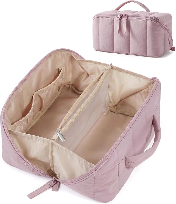 BAGSMART Travel Makeup Bag for Women, Portable Water-resistant Cosmetic Case, Puffy Padded Make Up Organizer Pouch, Open Flat Toiletry Bag for Toiletries, Brushes, Mist Purple