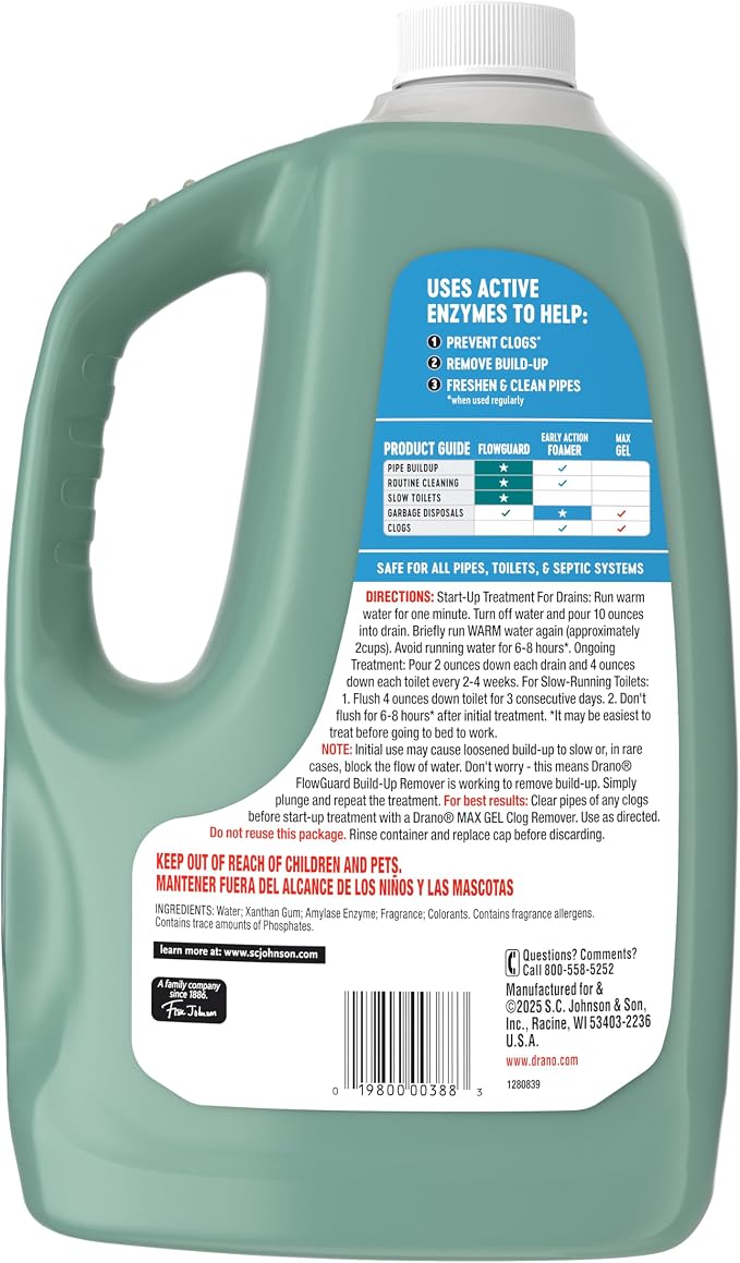 Drano Max Build Up Remover Drain Cleaner, Enzymes & Probiotics Prevents Clogs & Remove Odor-Causing Buildup, Safe for Septic, Toilets & Pipes in Bathroom Drains & Kitchen Sinks, Commercial Line, 60 oz
