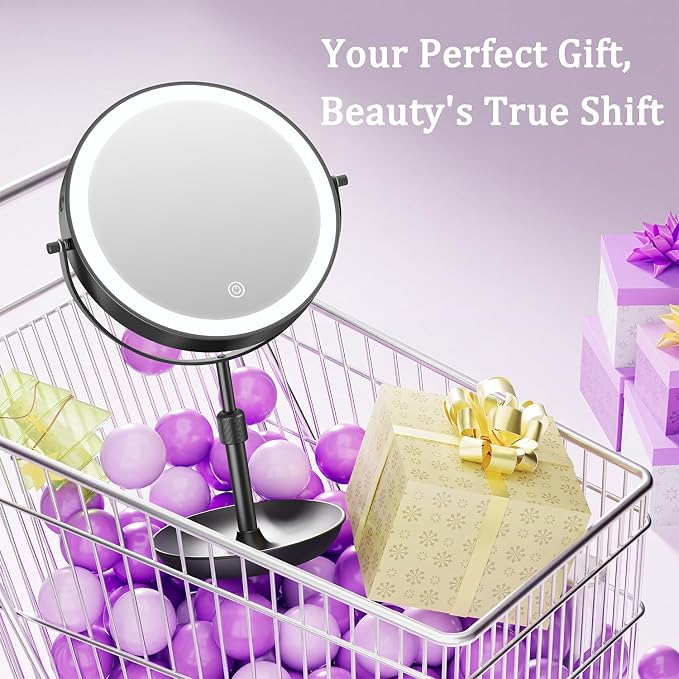 Auxmir 9" 1X/30X Lighted Makeup Mirror, Rechargeable Maginfying Mirror | 3 dimmable colors, 14.9-18.5 in adjustable height, 3000mAh, 360°rotation, stable storage base, 30X magnification, Black