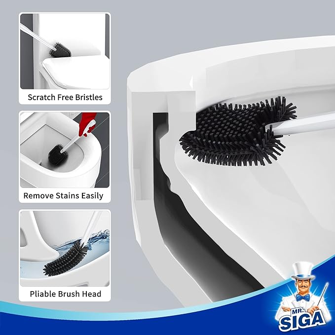 MR.SIGA Toilet Bowl Brush and Holder, Wall Mounted Toilet Brush, White | Automatic lid design, sturdy handle, upgraded ventilation, flat rubber head dries quickly