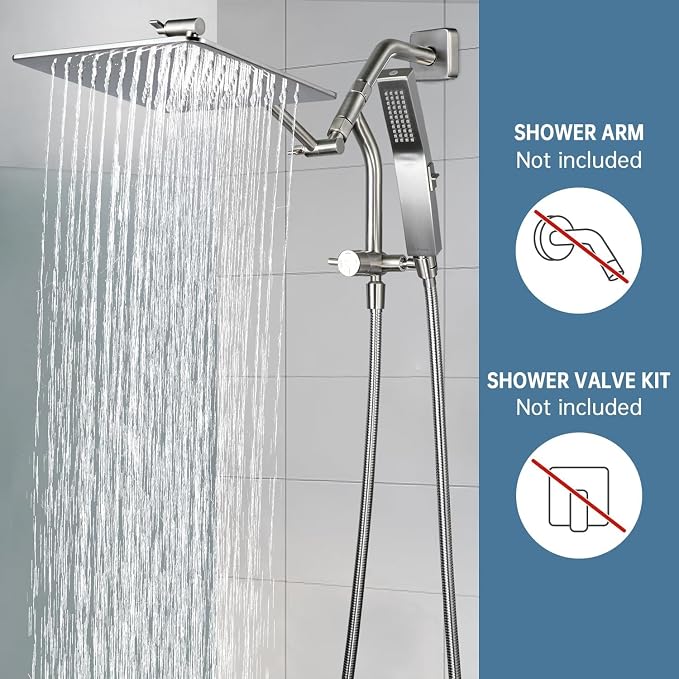 G-Promise 10 Inch All Metal Rain Shower Head with Handheld (Brushed Nickel) | Full Body Coverage, Pause Mode Diverter, Power Wash Mode Handheld, Suits Every Height, Easy to Install, Modern Bath Upgrade