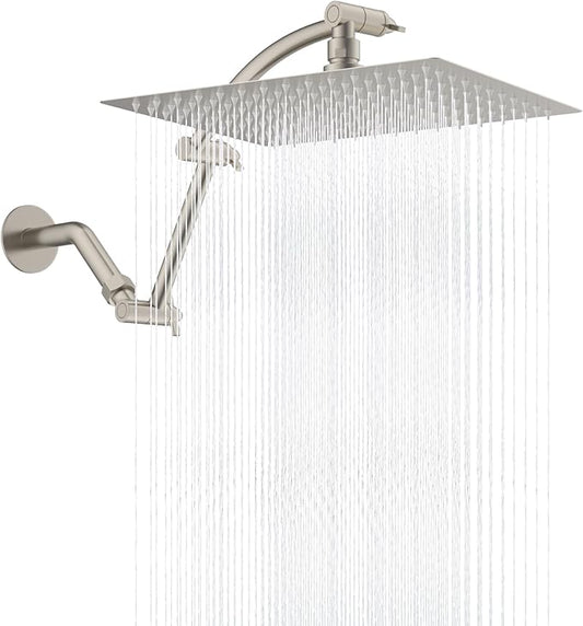 Hibbent All Metal 12'' Rain Shower Head, 16'' Extension Arm, Brushed Nickel | cUPC Certified High Pressure Rainfall Showerhead with Solid Brass Adjustable Shower Head Extension Arm, Fixed Showerheads