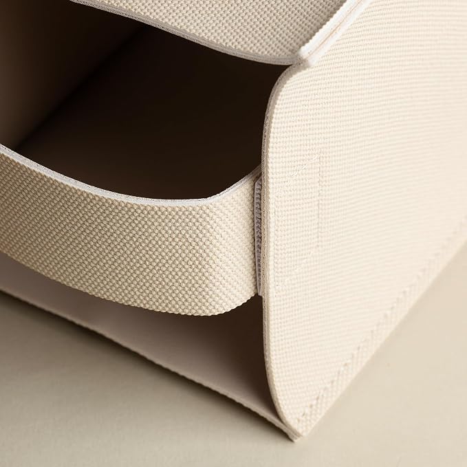 OLETHA Square Tissue Box Cover, Aesthetic Desk Decor, Canvas Grain, Greige | Faux leather tissue box holder; fits Kleenex & Puffs cube boxes; velcro base; wipes clean; aesthetic modern farmhouse decor