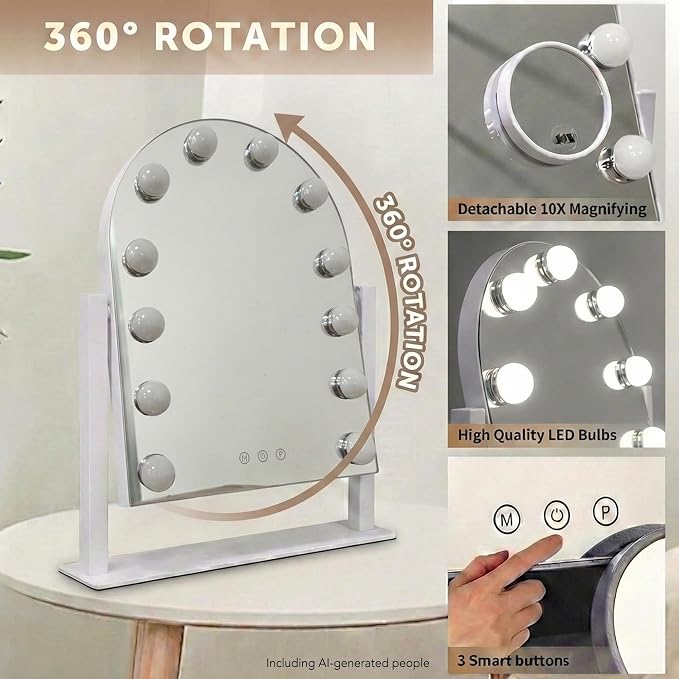 Arched Makeup Vanity Mirror with Lights,10X,White 18.5"x 14.17" | Vanity Mirror with Detachable 10X Magnification Mirror, Rechargeable, 3 Color Lights,Smart Touch, 360‑Degree Swivel