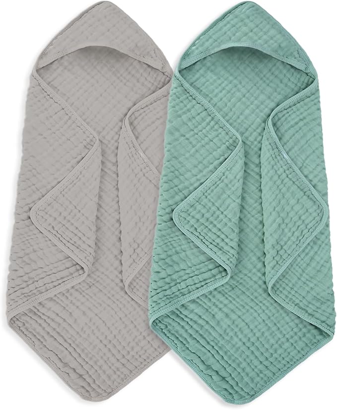 MIGIOL Muslin Hooded Baby Towels 100% Cotton ，Super Soft Muslin Baby Bath Towel - 32 x 32 Inches, Suitable for Newborn and Young Children up to 3 Years Old. (Grey & Green)