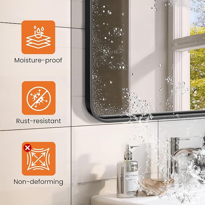 Sweetcrispy Bathroom Mirror 30x22 Inch, Vanity Mirror for Wall | Metal Framed Rounded Rectangle, Over Sink, Farmhouse Restroom, Anti-Rust, Horizontal or Vertical Hanging, Black