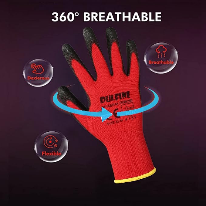 DULFINE Safety Work Gloves for Men & Women, PU Coated Seamless Knit Grip | Smooth Grip on Palm & Fingers, Ideal for Light General Duty Work, Gardening, Landscaping, Construction, Mechanic, Warehouse