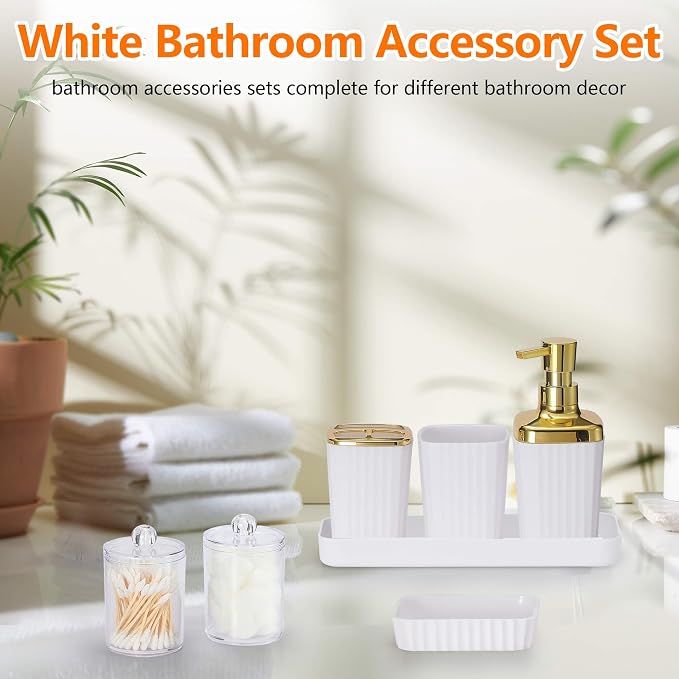 9 PCS White Bathroom Accessories Set with Trash Can Bathroom Accessory | All-in-One Kit with Trash Can,Toothbrush Holder,Soap Dispenser,Toothbrush Cup,Vanity Tray,Soap Dish,Toilet Brush etc for Home