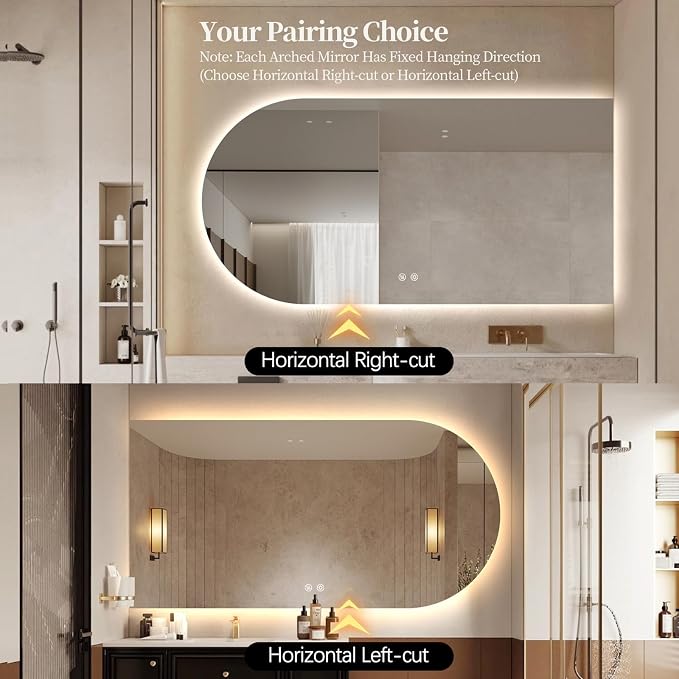 Arched LED Bathroom Mirror, 48"x24" Arch Framless Backlit Mirror with Lights Vanity Mirror for Makeup, Anti-Fog, Dimmable, 3-Color, Memory Function, IP65 Waterproof, UL Listed, Horizontal-Left