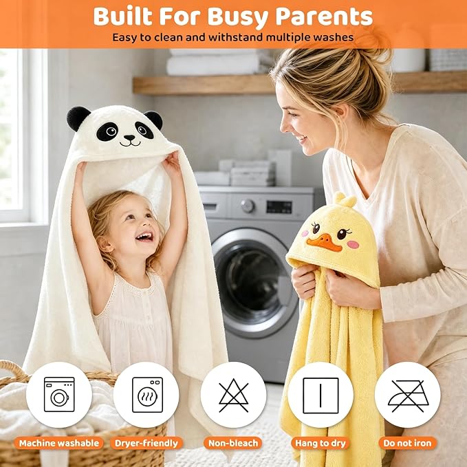 6 PCS Toddler Towels Set for Boy Girl 0-5 Year Essentials, Yellow & White | Large Size 55"x27.5", 2 PCS Hooded Baby Bath Towels & 4 PCS Washcloths, Ultra Soft, Thick and Absorbent, Newborn Essentials