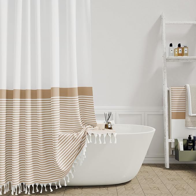 Beige Fabric Shower Curtain, Farmhouse Boho Striped Tassel Shower Curtains for Bathroom, Bohemian Textured Cloth Shower Curtain Set with Hooks, Water Repellent, Wrinkle Free, 72x72