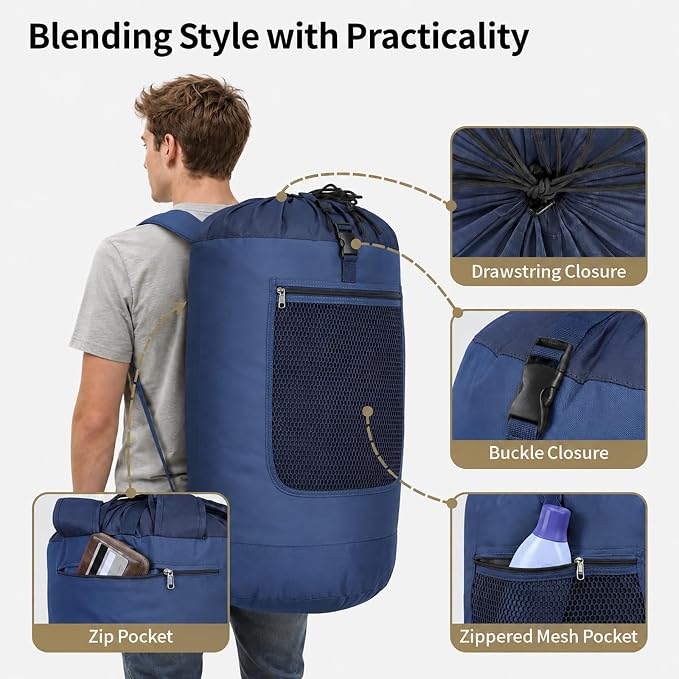F-color Laundry Backpack for College, 115L Laundry Bag, Dark Blue | Wide Shoulder Straps, Mesh Zipper Pocket, Drawstring Closure, Heavy-Duty, Dorm Room Essentials, Laundromat, Camping
