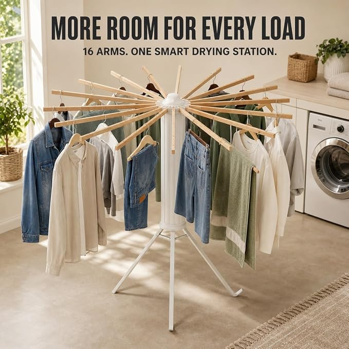 Clothes Drying Rack Foldable, Portable Laundry Drying Rack for Clothes with 16 Wooden Rods & 48 Windproof Slots, Collapsible Tripod Dry Rack for Apartment, RV, Balcony