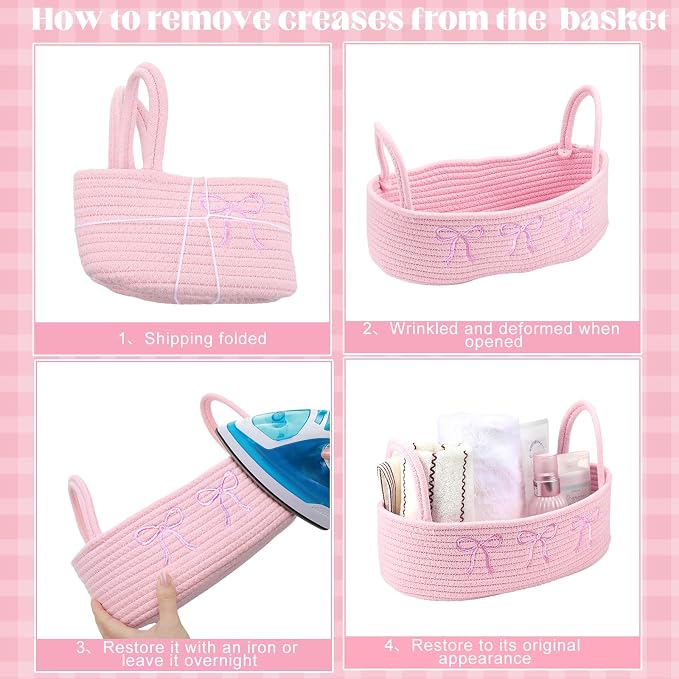 Vesici Pink Bow Woven Storage Basket for Toilet Tank Top with Handle | Cotton Rope Basket Holds Toilet Paper, 13x6x4 Inch Bathroom Organizer, Boho Pink Decor in Countertop Bedroom Nursery