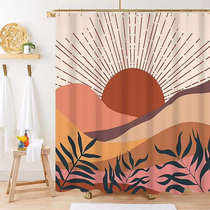 Boho Terracotta Shower Curtain for Bathroom 72x96 Inch | Waterproof Abstract Sunrise and Mountain Shower Curtain Set with Hooks, Mid Century Bathroom Decor