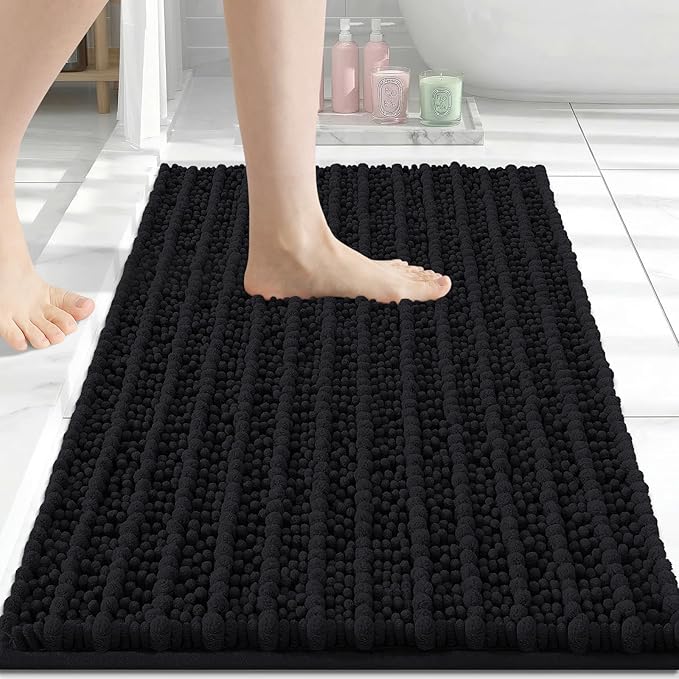 Arotive Bathroom Rugs Mat 24x16, Soft Absorbent Chenille Shaggy Bath Mat | Black, Machine Wash Dry, Bath Rugs for Bathroom Floor, Tub and Shower, Home Decor Accessories