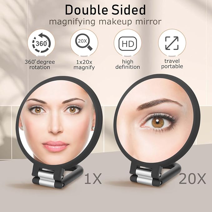 CLSEVXY Magnifying Handheld Mirror Double Sided, 1X 20X Magnification Hand Mirrors, Travel Folding Hand Held Mirror, 360°Rotation Pedestal Makeup Vanity Mirror