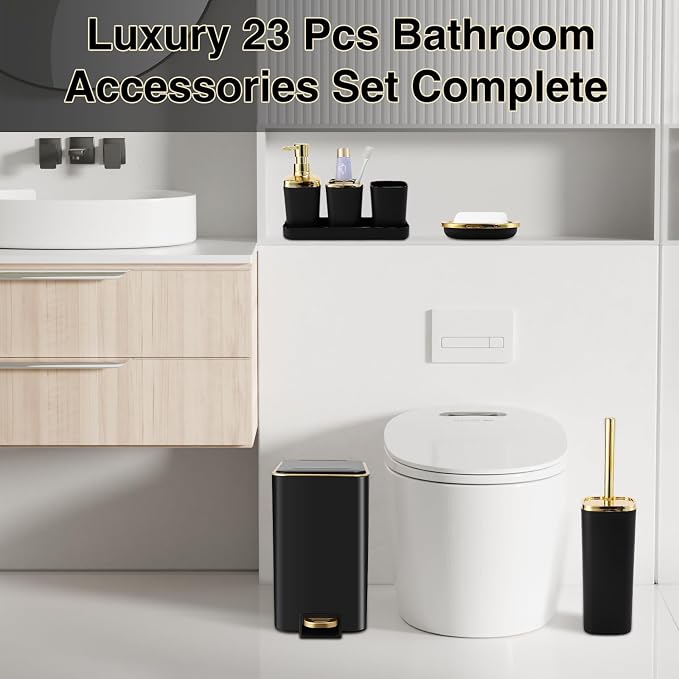 Bathroom Sets with Shower Curtain and Rugs Bathroom Accessories Set Black Bathroom Set,Soap Dispenser & Toilet Brush Holder Set with Stainless Steel Trash Can(23 PCS)