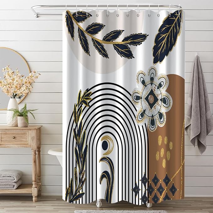 Black and Gold Boho Shower Curtain for Bathroom 72x96 Inch | Waterproof Abstract Black Arch Leaves Shower Curtain Set with Hooks, Mid Century Brown Bathroom Decor