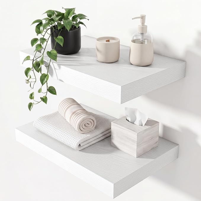Heimlove 16 Inch White Floating Shelves for Wall Set of 2,10.3" Deep Wall Mounted Shelves with Invisible Brackets,Modern Hanging Shelf for Bathroom,Bedroom,Living Room,Kitchen Home Decor