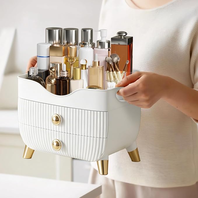 Makeup Organizer Countertop, Large Capacity Skincare Organizer for Vanity | Cosmetics Organizer with Drawes & Handle, Cosmetic Display Cases Storage Box for Dresser, Bathroom, Gifts for Women(White)