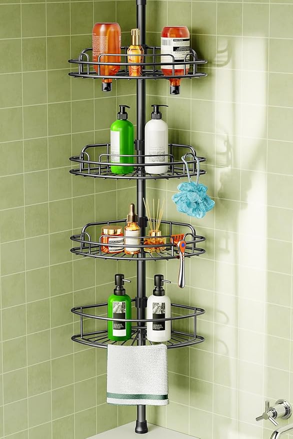 HAMITOR Corner Shower Shelves, 4-Tier AdjustableTension Caddy for Renters | Black Rust-Resistant Bathroom Organizer, No-Drill Quick Install, Space-Saving Storage Shelves For Families 47.7-123.6 Inch