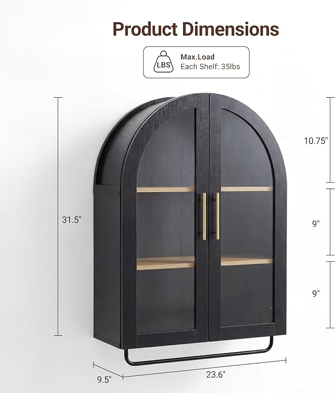 Seang Bathroom Arched Wall Cabinet,Modern Medicine Cabinet with Towel Bar and Adjustable Shelf,Over The Toilet Wall Storage Cabinet,Black