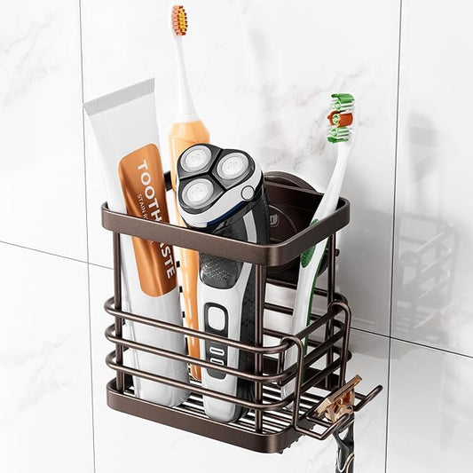 TAILI Patented Suction Cup Toothbrush Holders for Bathrooms, Brown | Stainless Steel Toothpaste Holder with Razor Hook, Strong Suction Up to 11lbs, Anti-Puddling, No Drill Removable & Reuseable