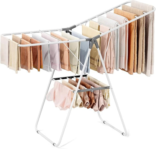 Foldable Clothes Drying Rack, Adjustable Gullwings Space-Saving Laundry Drying Rack, Indoor Outdoor Use for Laundry Room Balcony Patio, Grey