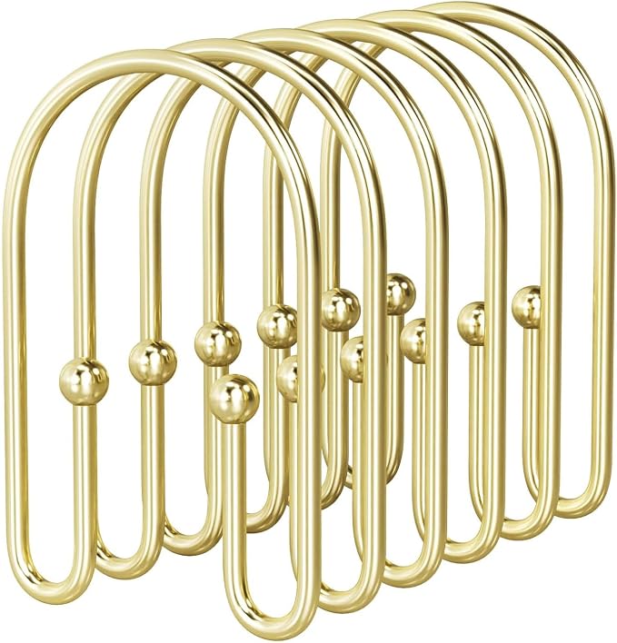 BBV Shower Curtain Hooks Rings, 12 Pcs Rust Resistant Metal Double Glide Shower Hooks for Bathroom Shower Rods Curtains (Gold)
