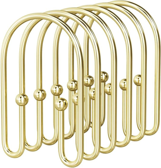 BBV Shower Curtain Hooks Rings, 12 Pcs Rust Resistant Metal Double Glide Shower Hooks for Bathroom Shower Rods Curtains (Gold)