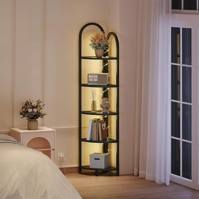 MAHANCRIS 5-Tier Corner Shelf with LED Light, 64.6'' Tall Corner Bookshelf, Narrow Storage Shelf with Metal Frame, for Living Room, Bedroom, Small Spaces, Black CSBK55101