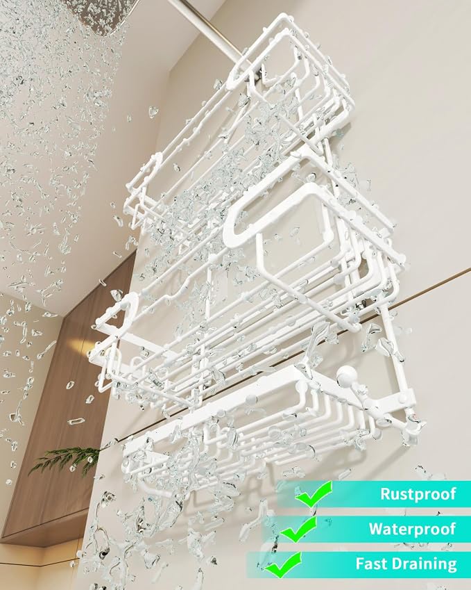HapiRm Bathroom Hanging Shower Caddy - Rustproof Shower Shelf with 12 Hooks and 2 Soap Holders, No Drilling Bathroom Organizers and Storage - White