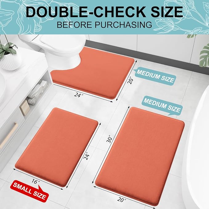 Smiry Memory Foam Bath Mat 30x20, Extra Soft and Absorbent Bathroom Rugs | Coral, Quick Dry Machine Washable Non-Slip Bath Mat for Bathroom Floor, Shower and Tub