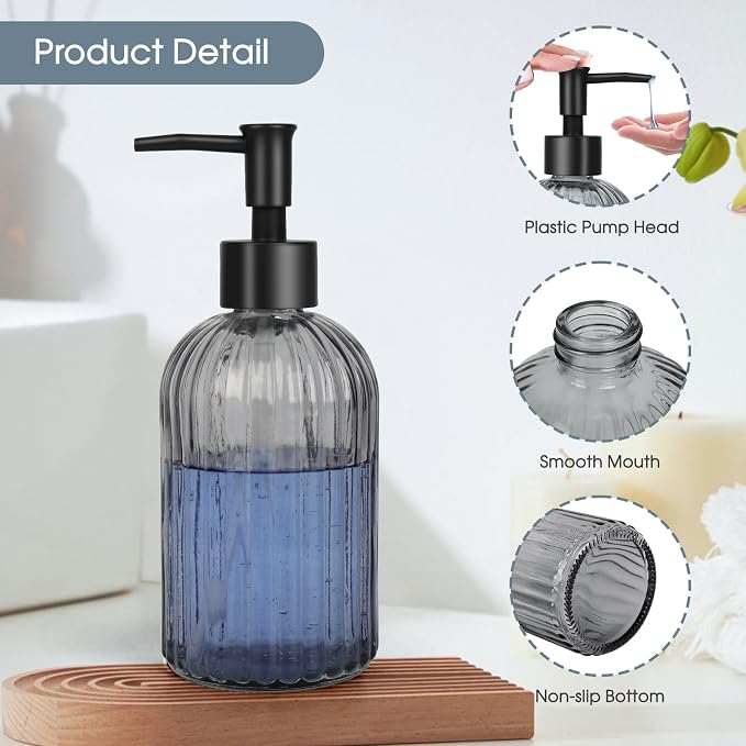 Topsky 2 Pack Glass Soap Dispenser with Black Plastic Pump, 400ml Liquid Hand Soap Dispenser, Rustproof Pump for Kitchen & Bathroom, Great for Lotions, Essential Oil, Liquid Soaps-Clear & Gray