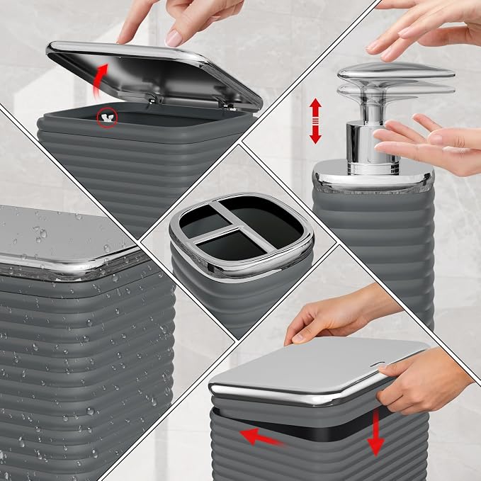 Bathroom Set - 10PC Bathroom Accessory Set, Grey Bathroom Set, Luxury Bathroom Accessories Set, Trash Can, Toilet Brush, Soap Dish, Qtip Holder & Soap Dispenser